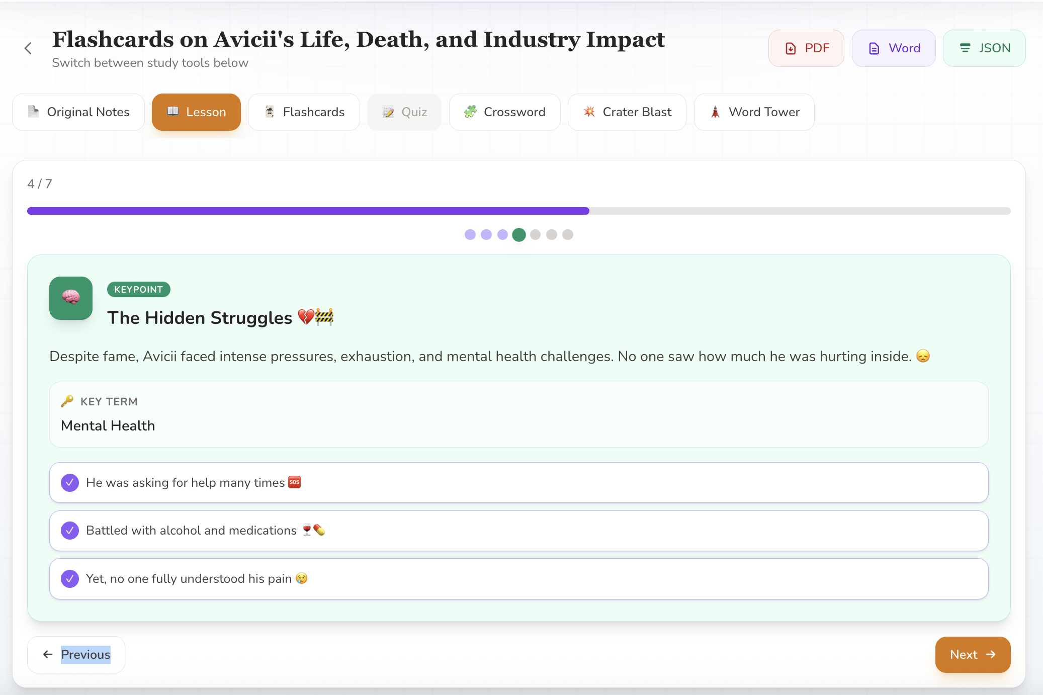 WriteScholar lesson plan view with key term, supporting bullets and progress indicator